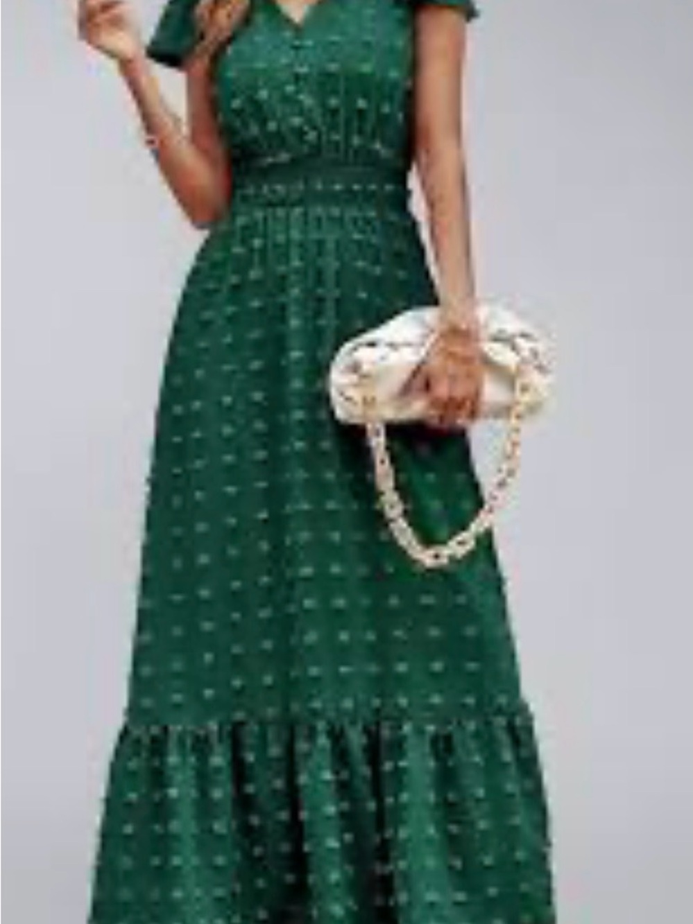Smocked Waist Green Maxi Dress with Textured Dot Detail - Picture 2 of 6